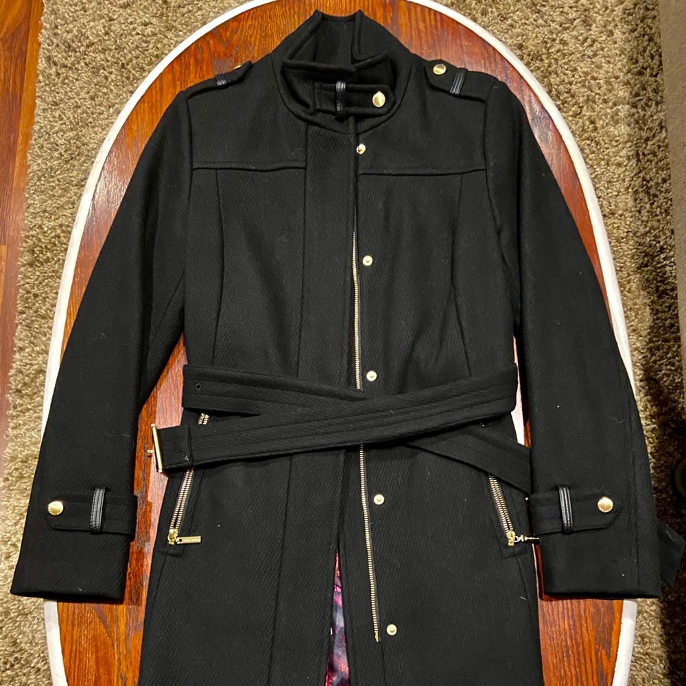 Cole Haan Black Wool Blend Belted Pea Coat with Gold Hardware